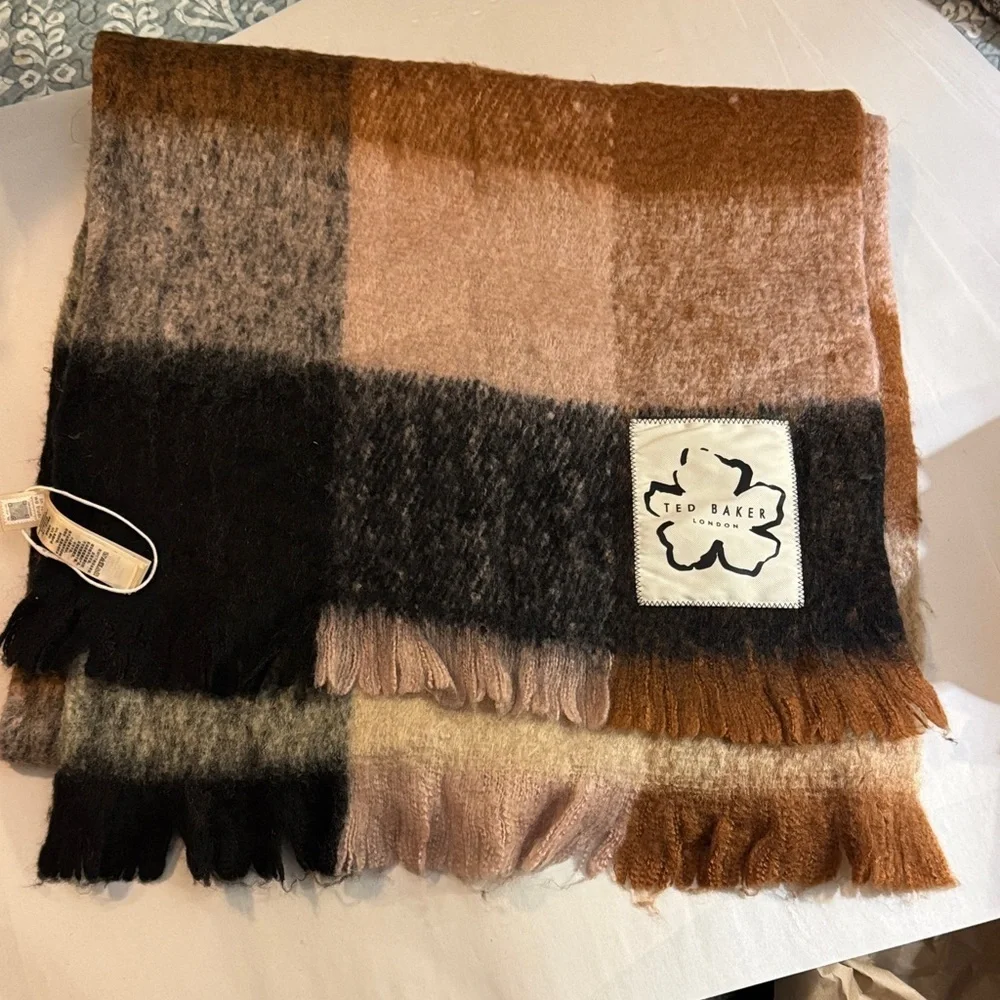NEW Ted Baker Plaid Scarf in Black, Brown, and Pink